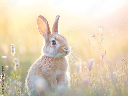 Cute Bunny Rabbit Sitting in a Field of Flowers at Sunset