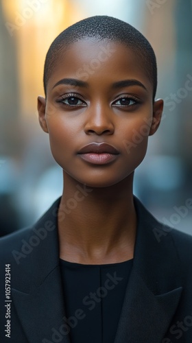 A confident woman gazes into the distance during sunset in an urban setting