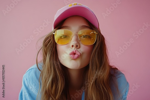 Young woman poses with colorful sunglasses and hat against a vibrant pink bac...