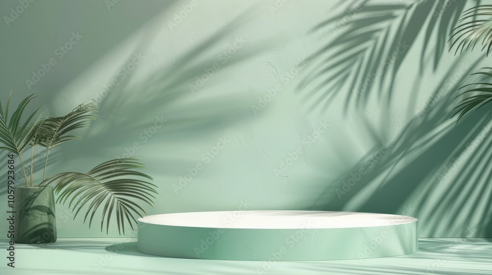 Minimal abstract background for presenting a cosmetic product with premium podium and tropical palm leaves shadow on pastel green wall. Minimal abstract background for presenting a cosmetic product with premium podium and tropical palm leaves shadow on pastel green wall.