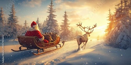 Wallpaper Mural Santa Claus riding in a sleigh pulled by a reindeer Christmas Festive Winter created by ai Torontodigital.ca