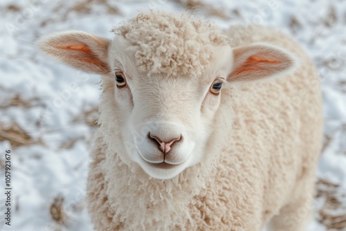 A close up of a young lamb looking curiously at the camera against a plain ba...