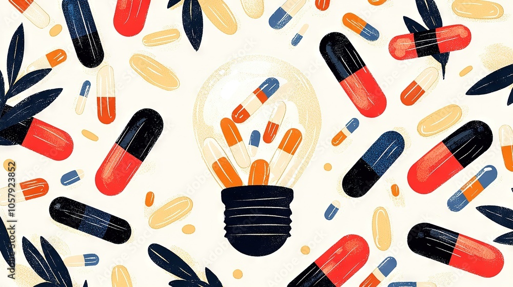 Pattern of Pills and Lightbulb on White Background with Blue, Red, Orange, and Yellow Colors Pattern of Pills and Lightbulb on White Background with Blue, Red, Orange, and Yellow Colors