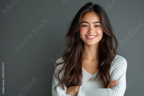 Smiling young woman with long hair poses against a gray background in a casua...