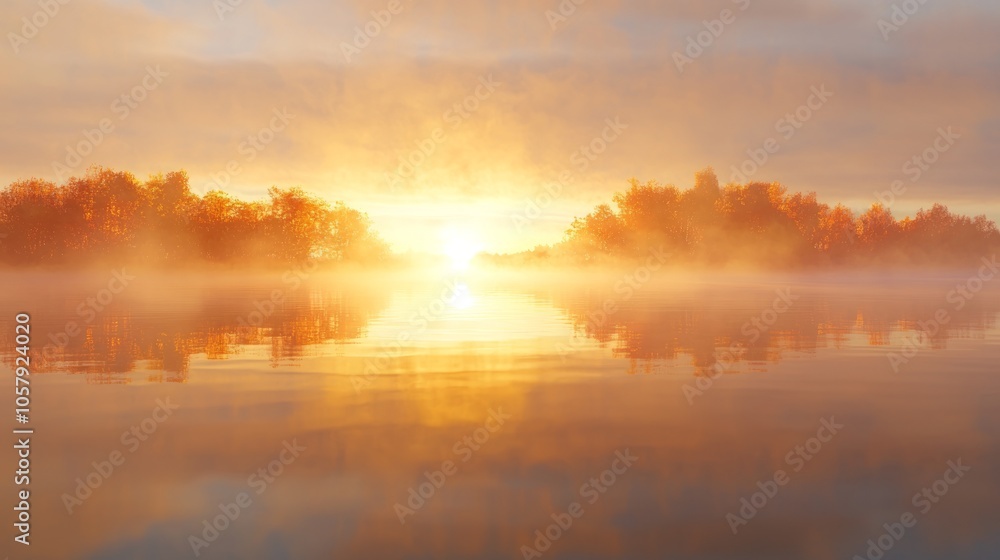 Naklejka premium Majestic Autumn Sunrise Over Misty Lake - Symbol of New Beginnings and Self-Control in November