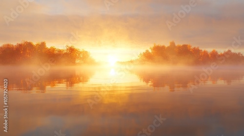 Majestic Autumn Sunrise Over Misty Lake - Symbol of New Beginnings and Self-Control in November