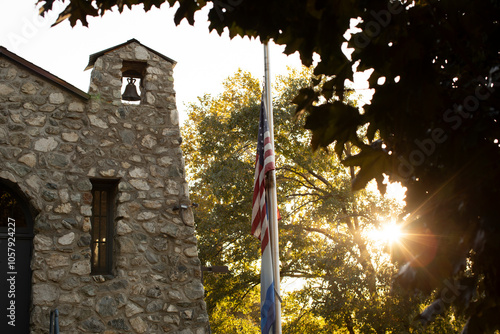 Sunset view of the historic 1927 stone school house of Oak Glen, California, USA. photo