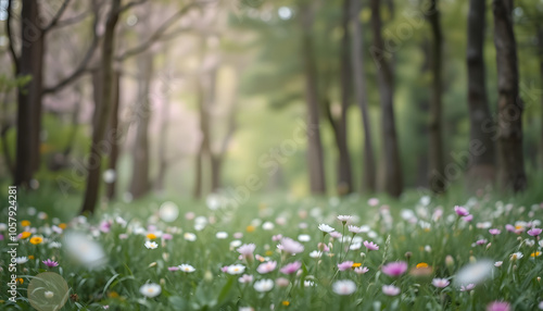 Dreamy forest image, blooming meadow and pastel bokeh lights isolated with white highlights, png