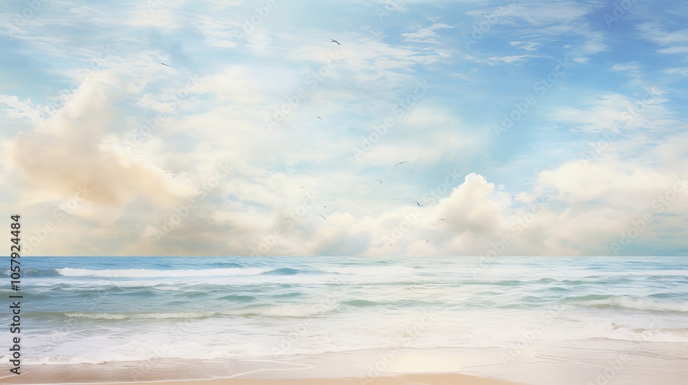 Fototapeta premium Tranquil beach scene with a gentle sea and soft clouds.