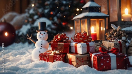 New year, big pile of Christmas gifts with Christmas