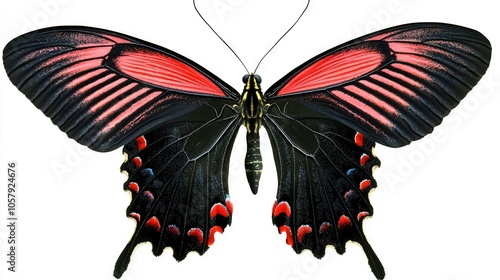  A close-up of a butterfly with red spots on its wings and a black body with red spots on its wings