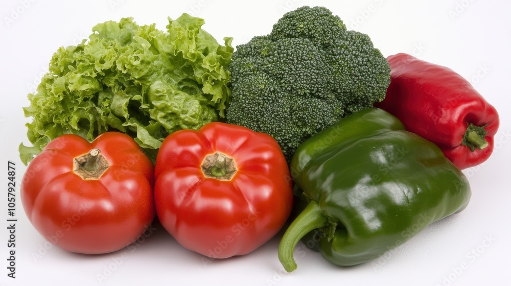 A colorful arrangement of fresh vegetables on a white surface showcases vibrant tomatoes, peppers, lettuce, and broccoli. A colorful arrangement of fresh vegetables on a white surface showcases vibrant tomatoes, peppers, lettuce, and broccoli.