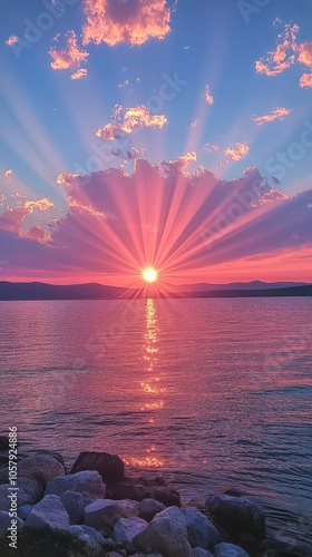 Beautiful sunset with colorful rays over a serene lake surrounded by mountains