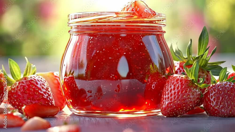 A jar of strawberry jam sits next to ripe strawberries on a wooden table