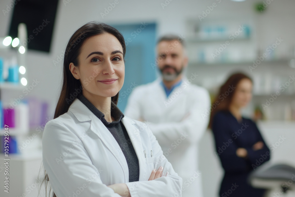 A confident female professional standing in the forefront, with colleagues blurred in the background, highlighting leadership and expertise in a clinical setting. A confident female professional standing in the forefront, with colleagues blurred in the background, highlighting leadership and expertise in a clinical setting.