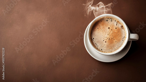 Freshly brewed coffee in a white cup on a brown wooden table. The steam from the coffee is rising up.