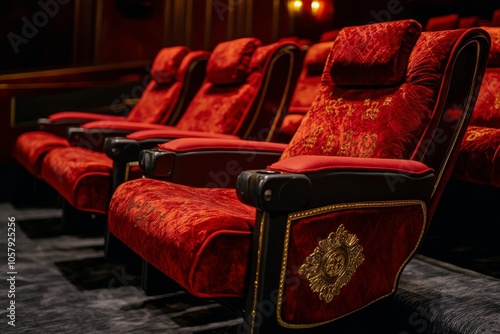 Luxurious velvet cinema chairs in an elegant theater designed for a comfortab...