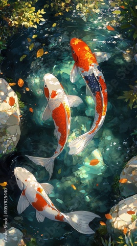 Two koi fish swimming gracefully in a serene pond surrounded by lush greenery...