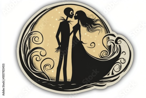 A silhouette of two characters in love under a large yellow moon at dusk