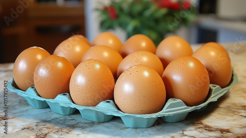 Five decorative eggs in various colors arranged on a neutral background in so...
