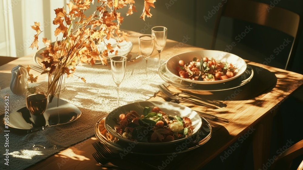Serene Autumn Gathering: Gratitude and Self-Control at a Beautifully Set Dinner Table with Healthy Dishes and Cozy Decor, Enhanced by Warm Light Serene Autumn Gathering: Gratitude and Self-Control at a Beautifully Set Dinner Table with Healthy Dishes and Cozy Decor, Enhanced by Warm Light