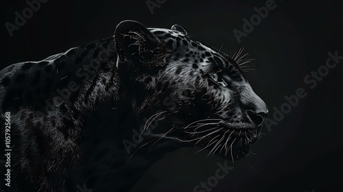 A majestic black panther stares into the darkness. Its fur is sleek and shiny, and its eyes are a piercing green. photo