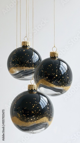 Elegant black and gold Christmas ornaments hanging against a soft white backg...