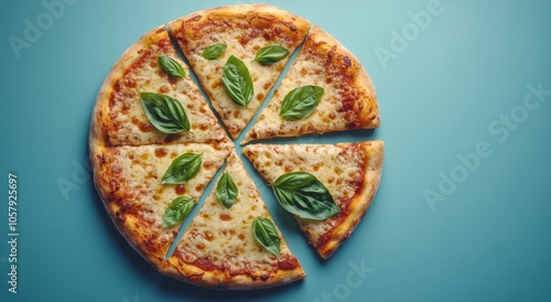 Freshly baked cheese pizza with basil leaves served on a light blue background