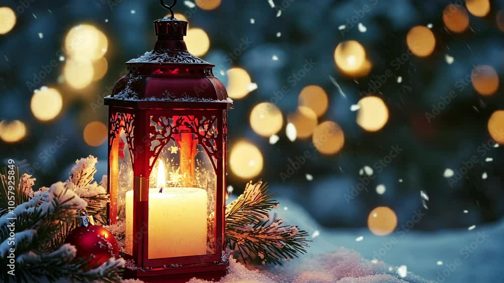 A red lantern with a lit candle sits in the snow on a cold winter night