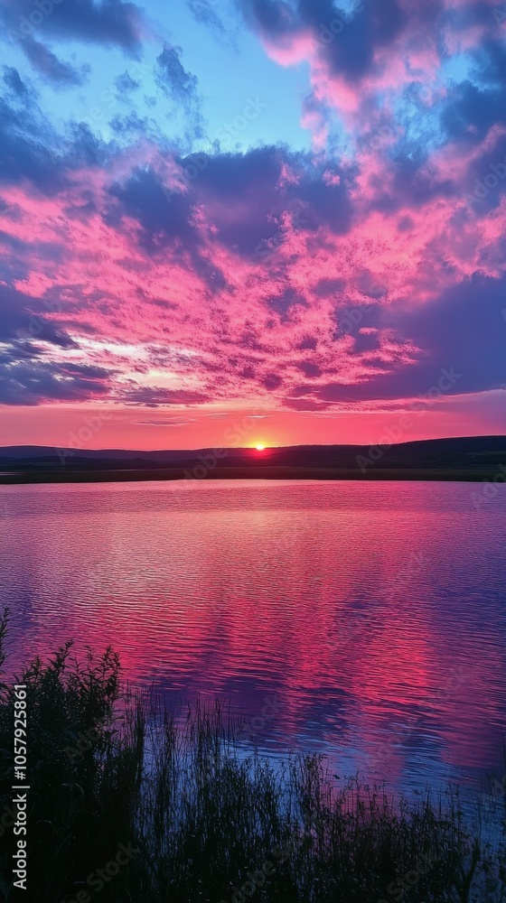 Fototapeta premium Beautiful sunset with colorful rays over a serene lake surrounded by mountains