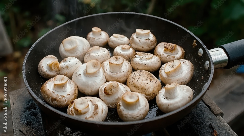Freshly sliced mushrooms sizzle in a pan, capturing the essence of culinary delight and aromatic preparation. Freshly sliced mushrooms sizzle in a pan, capturing the essence of culinary delight and aromatic preparation.