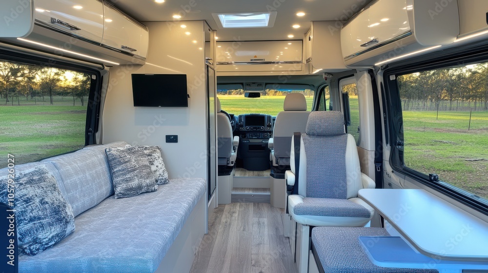 Warm golden hour light floods a cozy camper van interior, inviting relaxation and adventure on the open road. Warm golden hour light floods a cozy camper van interior, inviting relaxation and adventure on the open road.