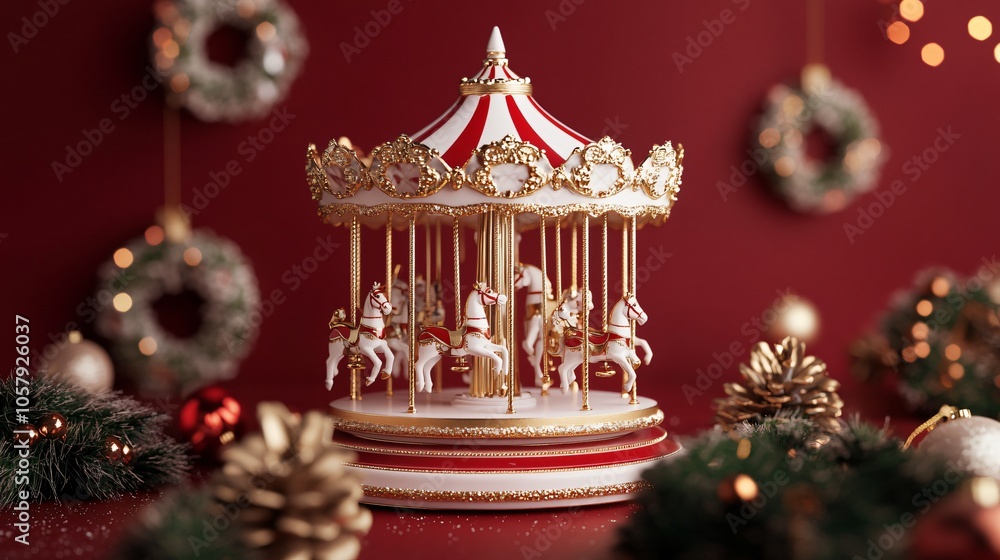 Classic porcelain Christmas carousel isolated on a muted red background, with intricate gold details and wreaths Classic porcelain Christmas carousel isolated on a muted red background, with intricate gold details and wreaths