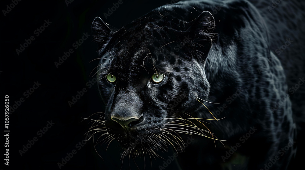 A stunning close-up of a black panther in the wild. The panther's fur is sleek and shiny, and its eyes are a deep, piercing green. A stunning close-up of a black panther in the wild. The panther's fur is sleek and shiny, and its eyes are a deep, piercing green.