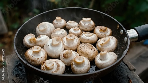 Freshly sliced mushrooms sizzle in a pan, capturing the essence of culinary delight and aromatic preparation.