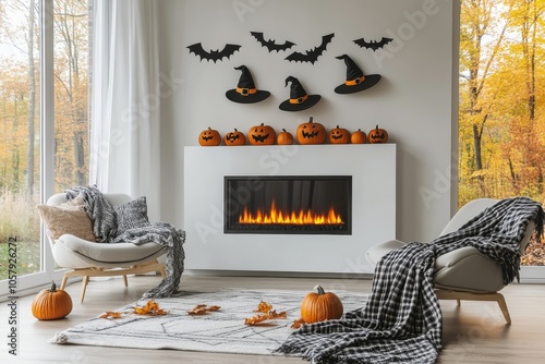 Cozy autumn living room featuring Halloween decorations and a modern fireplace