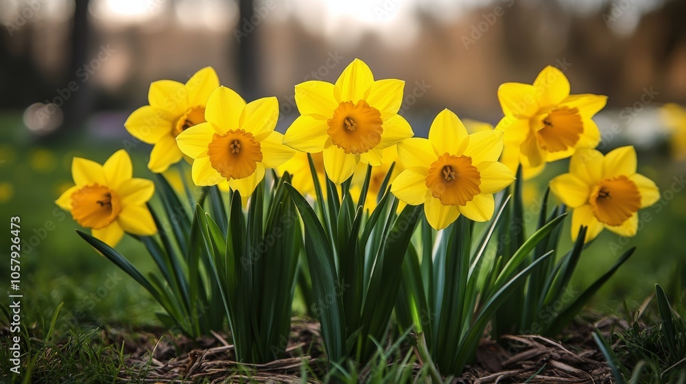 Fototapeta premium Cherry blossoms bloom along waterfront walkway at sunset in vibrant city