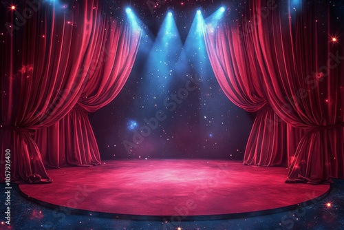 A dramatic stage setup with red curtains and a circular backdrop illuminated ...