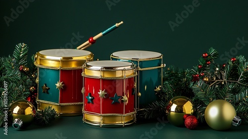 Colorful Christmas toy drums isolated on a dark green background, with gold accents and shiny bells beside them photo