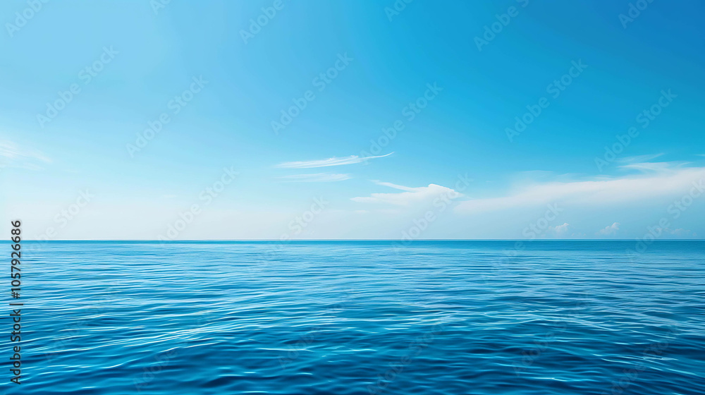 Fototapeta premium Deep blue ocean with a clear blue sky and white clouds. The water is calm and still, with small waves rippling on the surface.