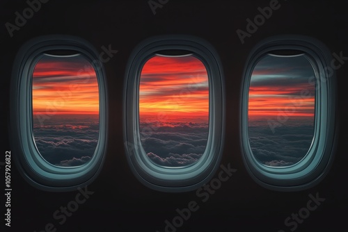Sunset view from airplane windows during evening flight above clouds