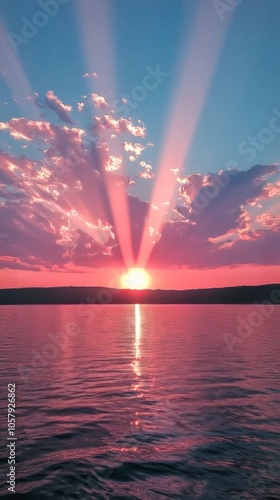 Beautiful sunset with colorful rays over a serene lake surrounded by mountains