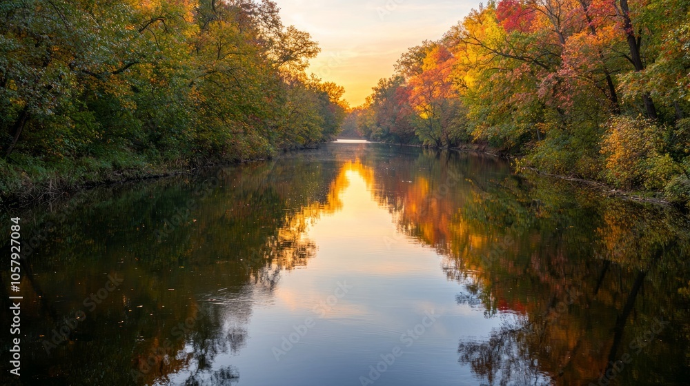 Obraz premium Tranquil Sunset Serenity: Colorful Trees Reflected in Calm River, November Moments of Self-Control and Peace - Ultra-Detailed Landscape Photography