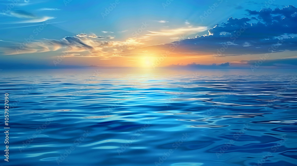 Fototapeta premium The setting sun casts a golden glow on the ocean. The sky is ablaze with color, and the water sparkles like diamonds.