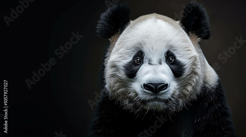 A close-up of a panda's face. The panda is looking at the camera with its big, round eyes. Its fur is black and white, and its nose is pink. photo