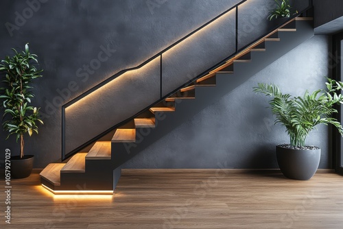 Elegant modern stairway design illuminated with soft lighting in a contempora...