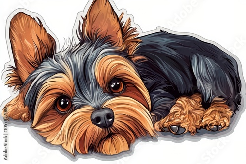 Portrait of a Yorkshire Terrier with bright eyes and stylish fur in vibrant c...