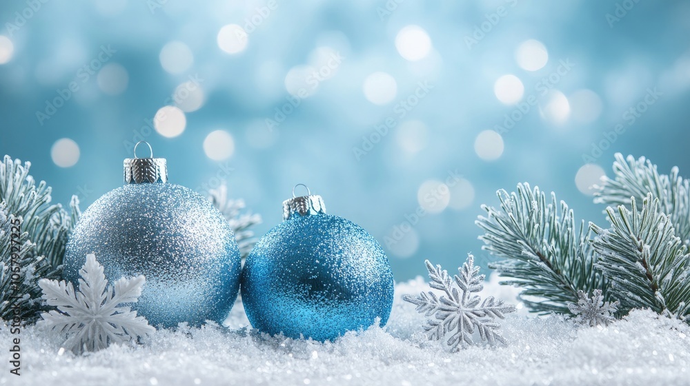 Christmas Wonderland Scene with Glittering Ornaments, Snowflakes, and Frosted Pines in Blue and Silver Tones, Ideal for Holiday Cards, Marketing, and Winter-Themed Visuals Christmas Wonderland Scene with Glittering Ornaments, Snowflakes, and Frosted Pines in Blue and Silver Tones, Ideal for Holiday Cards, Marketing, and Winter-Themed Visuals