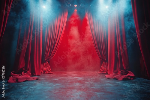 A dramatic stage setup with red curtains and a circular backdrop illuminated ...
