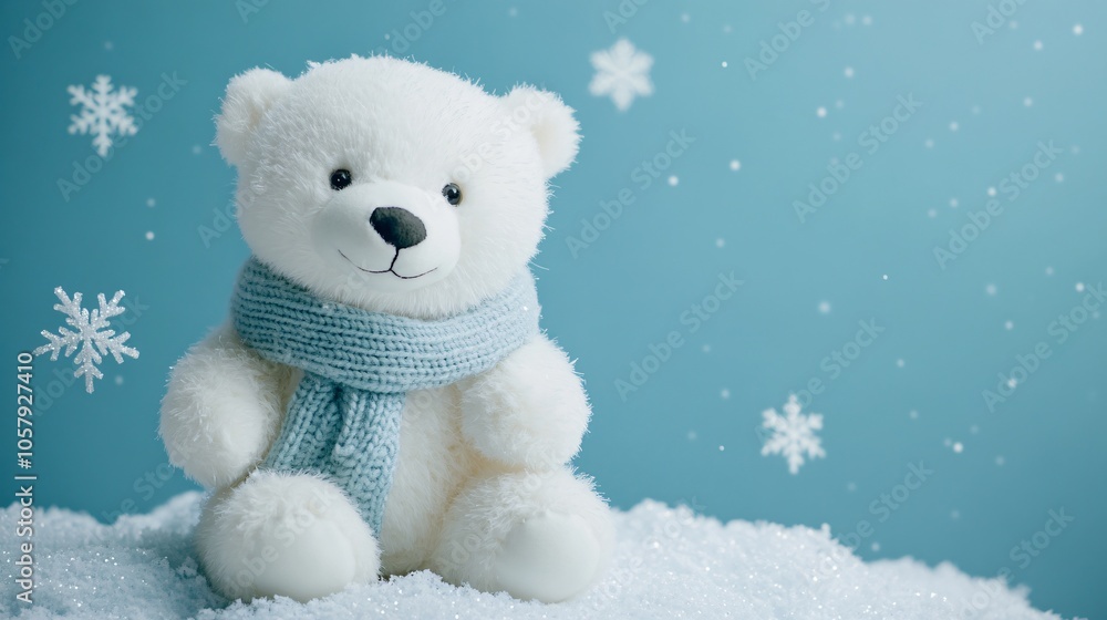Plush polar bear toy with winter scarf isolated on a icy blue background, with glittering snowflake accents Plush polar bear toy with winter scarf isolated on a icy blue background, with glittering snowflake accents